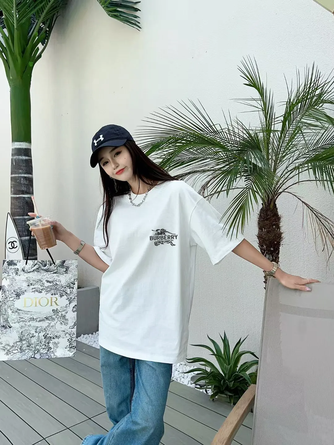 P85✨🔥 [BURBERRY] 2026FW short-sleeved T-shirt, embroidery technology, Premium 26s double yarn 300g fabric, heavy fabric, custom stretcher rib, same vat and dye, complete three labels, same style for men and women, Color: Black White Gray Size: S M L XL 2XL